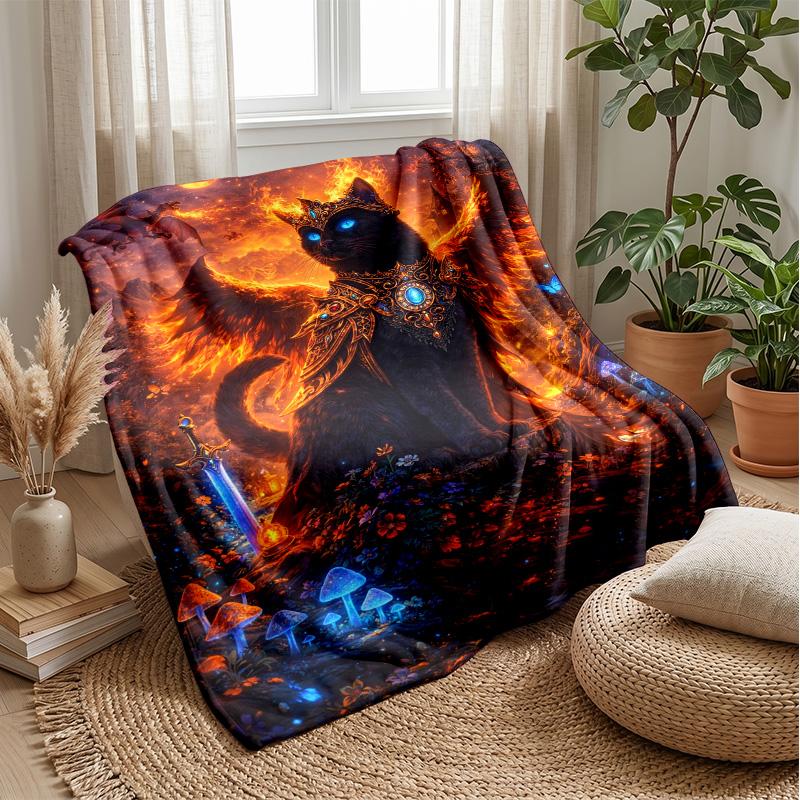 Mystic Flame Cat Guardian Theme Blanket Lightweight Warm Flannel Blanket Decorative Throw Blanket for Home Decoration