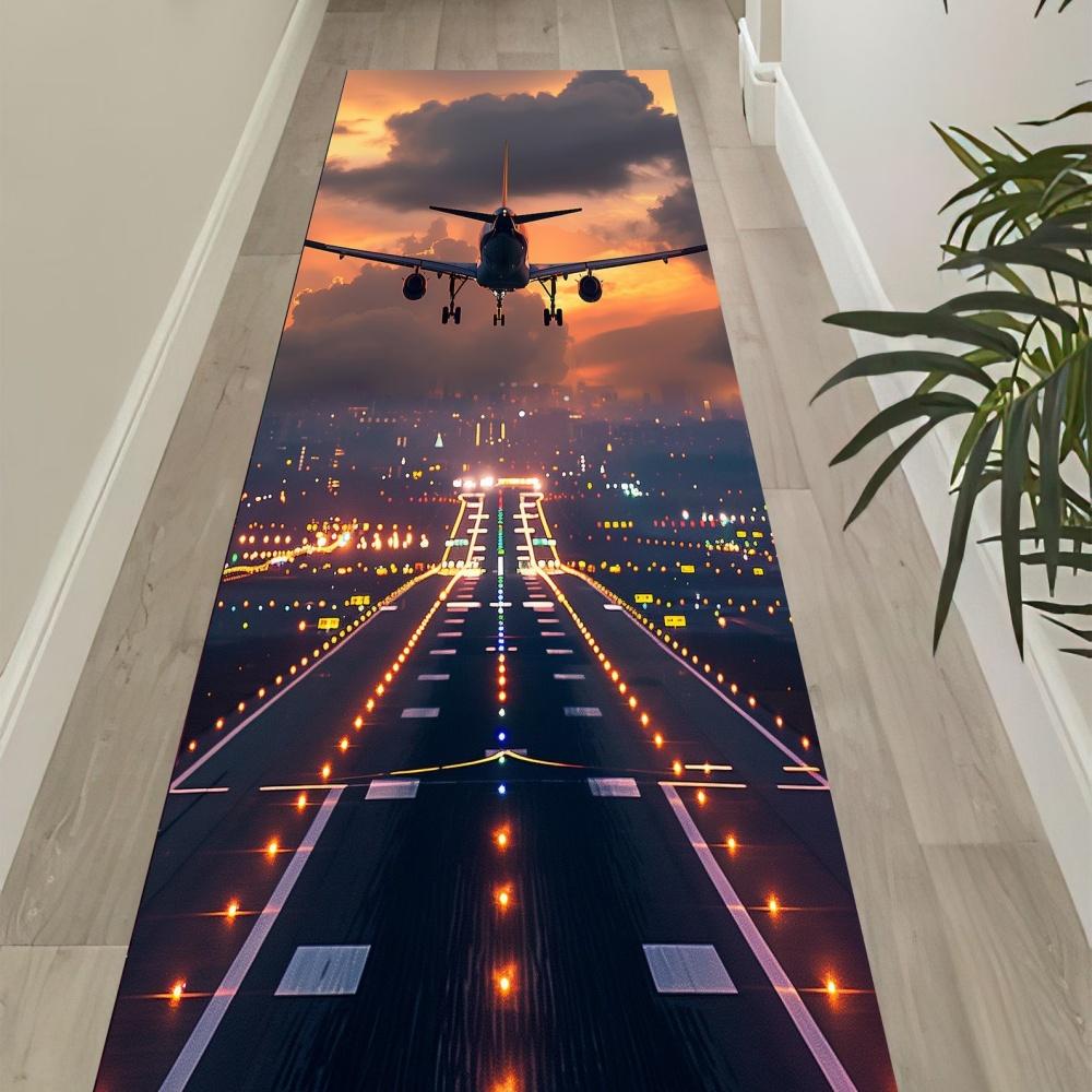 Airplane Runway Rug Sunset City Long Runner Rug Non Slip Washable Kitchen Mat Airport Light Scenic Hallway Entryway Carpet