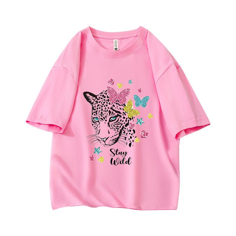 Cheetah Leopard Glitter Butterfly Oversized Short Sleeve O Neck T Shirt Graphic Print 100 Cotton Women Tops clothes Summer