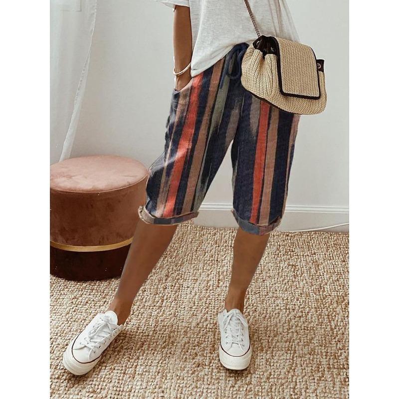 

2025 Женские Новые Повседневные Брюки Весна Лето Льняные Карманные Эластичные Пятиконечные Брюки XL темно-синий