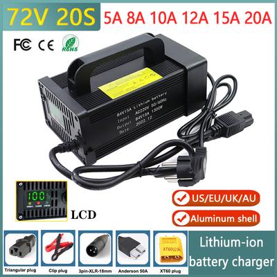 72V 5A 8A 10A 12A 15A 20A Lithium Battery Charger 110V/220V With Fan For 20S 84V E-motorcycle Cells Fast Charging Aluminum Shell