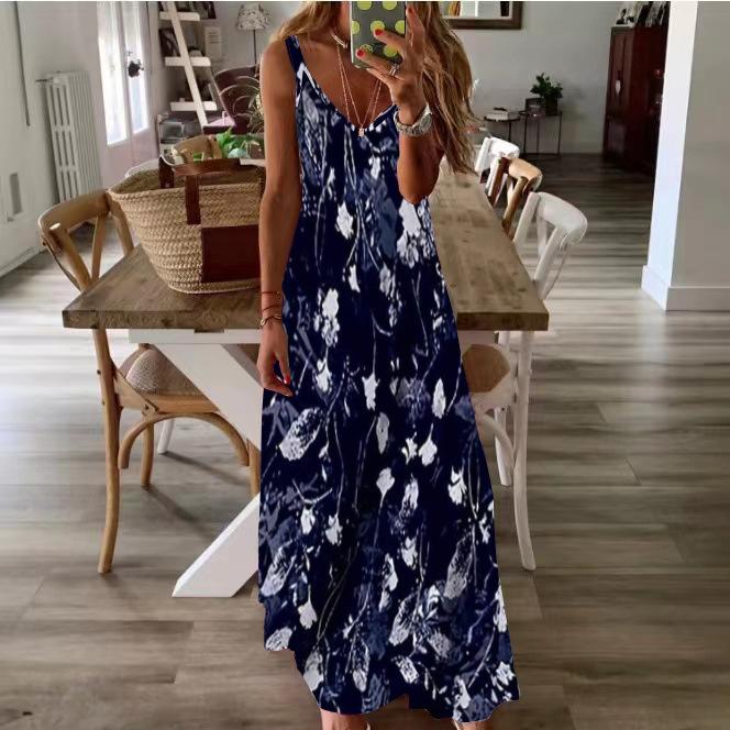 Damen Floral Maxikleid V-Ausschnitt Spaghettiträger Ärmellos Lockerer Schnitt Sommer Strandurlaub Langes Kleid