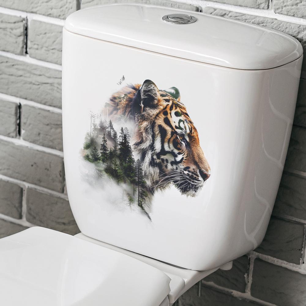 Playful Tiger and Forest Silhouette Wall Sticker Waterproof Self-Adhesive Removable Decal for Bathroom WC Home Decor