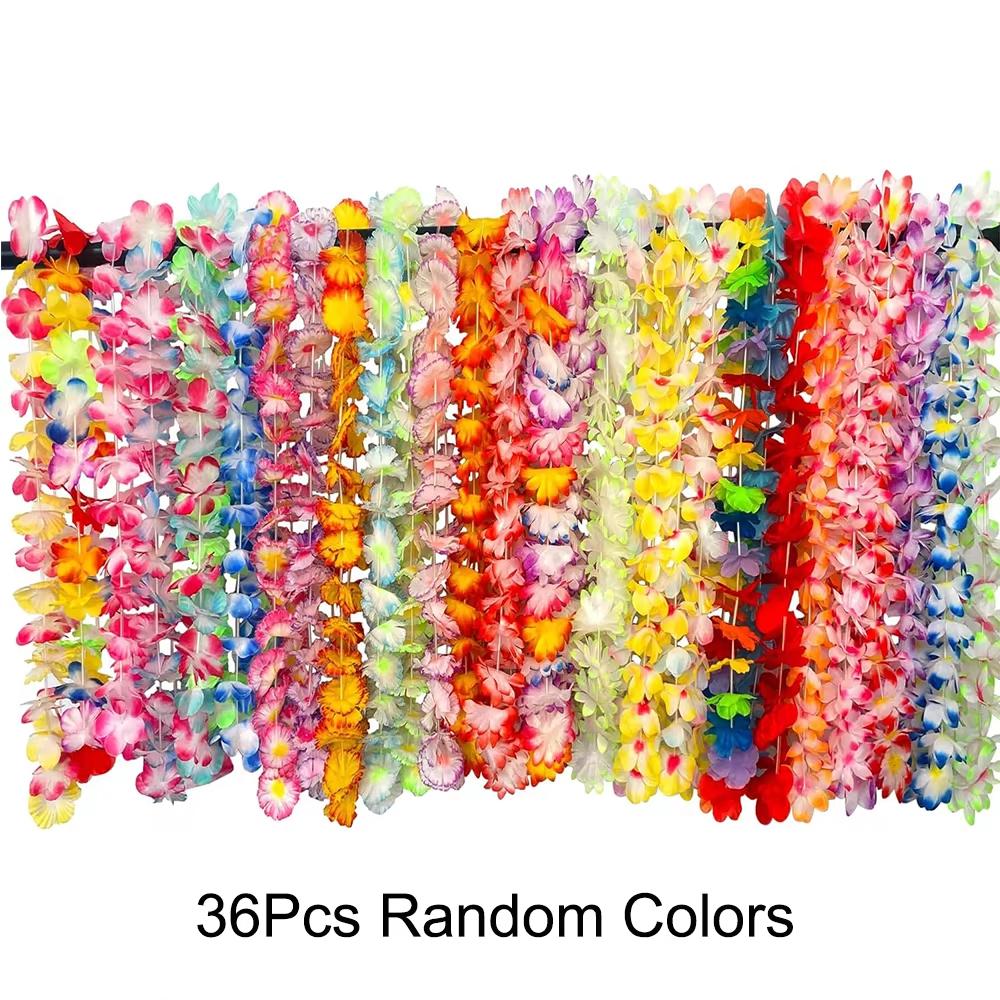24/36pcs Hawaiian Leis Bulk Luau Party Colorful Tropical Flower Necklace Leis Summer Beach Hula Dance Party Decorations Supplies