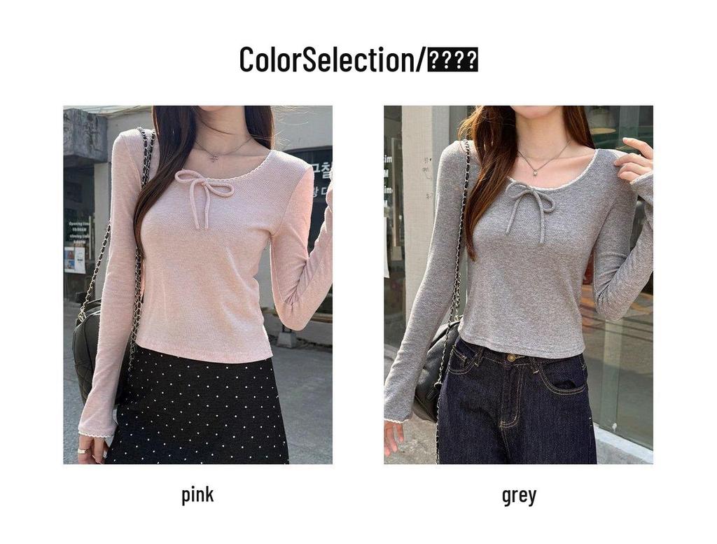 Women's Sweet & Spicy Bow Tie Lace Spliced Long Sleeve Slim Fit Top