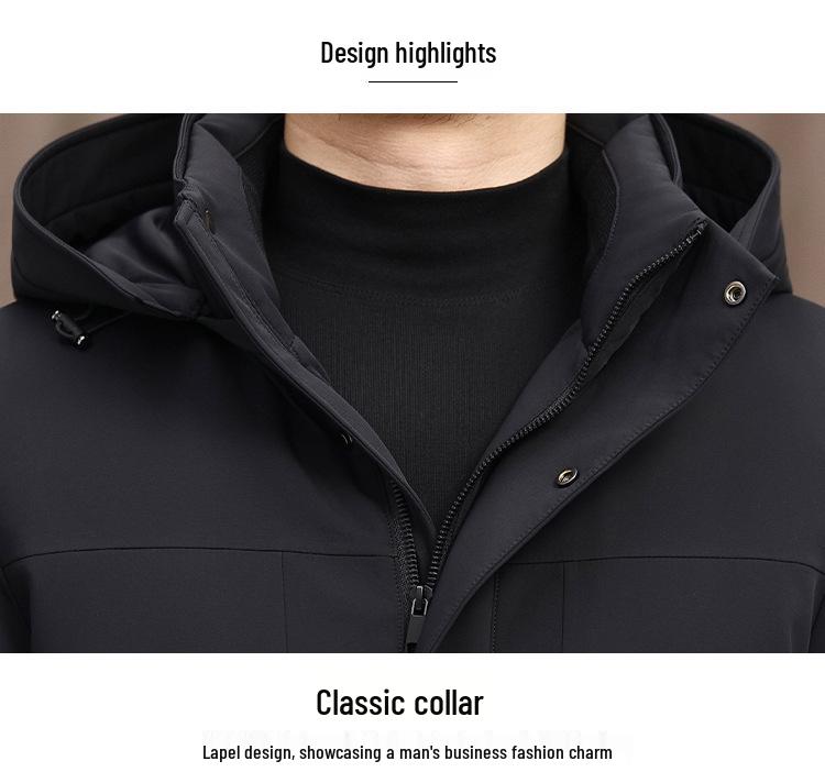 Men's Hooded Winter Jacket with Detachable Liner – 90% Goose Down, Warm Mid-Length.