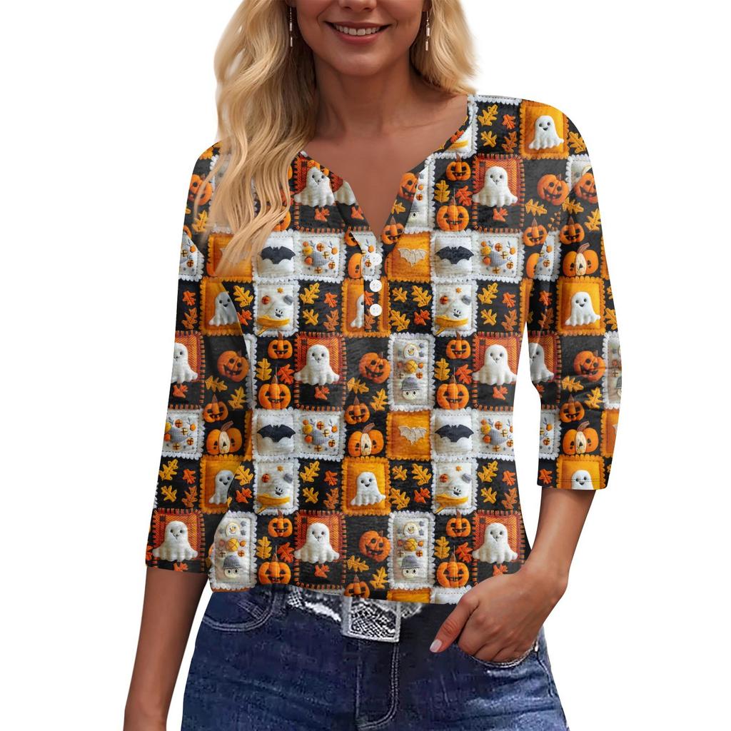 Damen T-Shirt mit Aufdruck, Knopfleiste, 3/4-Ärmel, modisch für den Alltag und das Wochenende, Basic, V-Ausschnitt, normales Oberteil