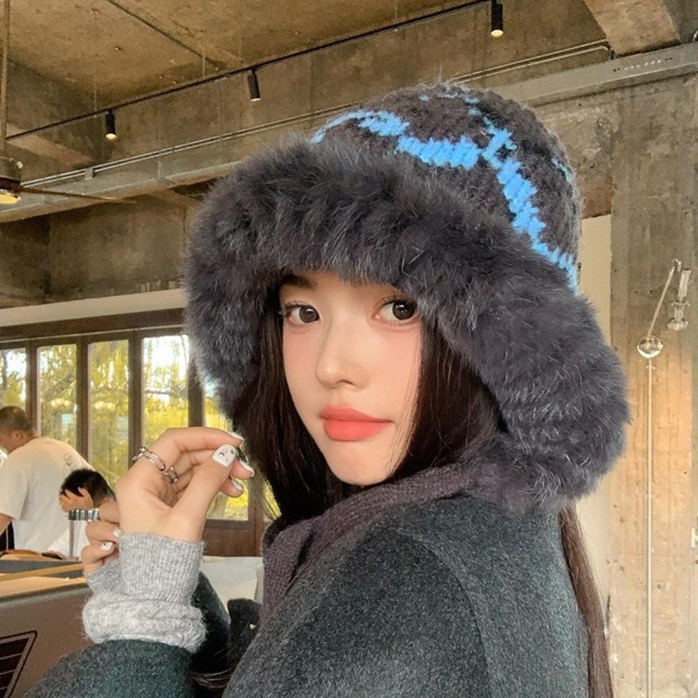Windproof Faux Fur Lei Feng Hat Ethnic Style Pullover Beanie Hat Knitted Plush Hat Autumn Winter