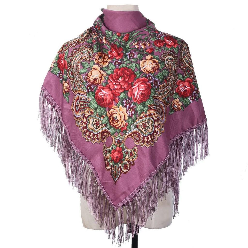 110*110Cm Russian Scarf Floral Woman'S Shawl Tassel Floral Print Hijab Headscarf Wraps Handkerchief Bandana Beach Travel Blanket