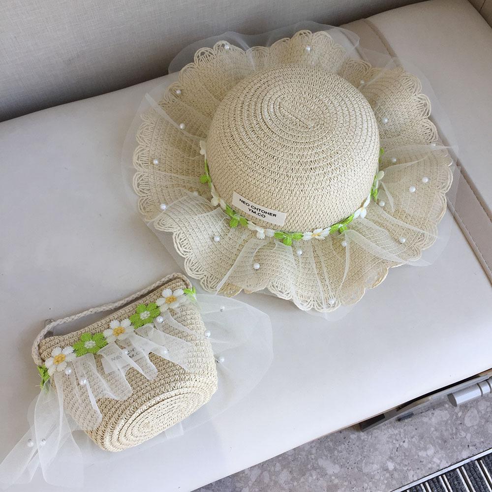 Girls Summer Straw Hat With Pearl Mesh And Bowknot Wide Brim Sun Hat For Kids Beach Princess Shade Cap