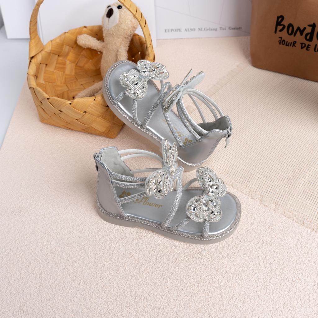 Children Roman Sandals Shiny Glitter Kids Fashion Shoes Butterfly 2025 Summer New Girls Princess Shoes Back Zipper Open Toes