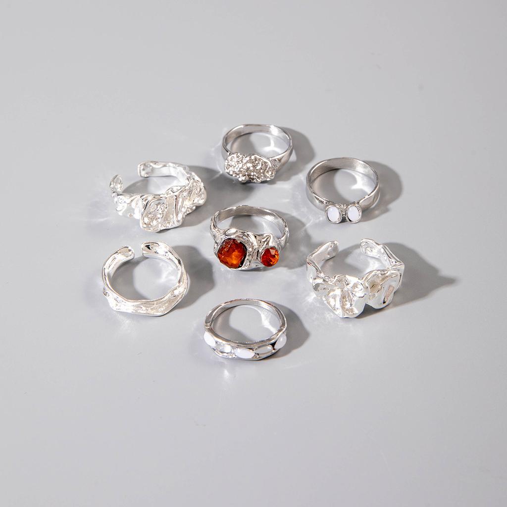 7Pcs/set Punk Red Crystal Rings for Women Men Vintage Irregular Geometric Metal Couple Ring Set Fashion Jewelry Accessories
