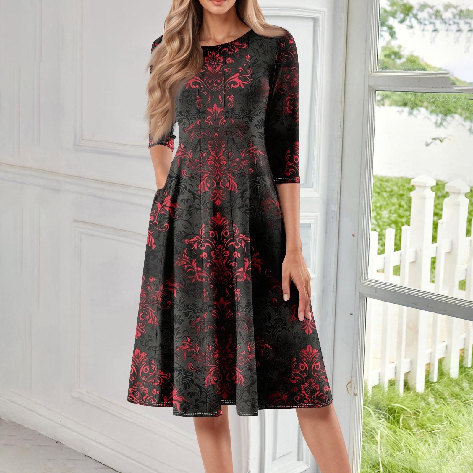 

Женское повседневное модное миди-платье с круглым вырезом, рукавом три четверти и принтом на Хэллоуин XXL