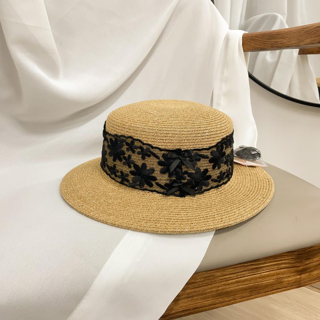 Stråhatt dam sommar solskydd solhatt retro spets liten brätte platt topphatt strandsemester topphatt