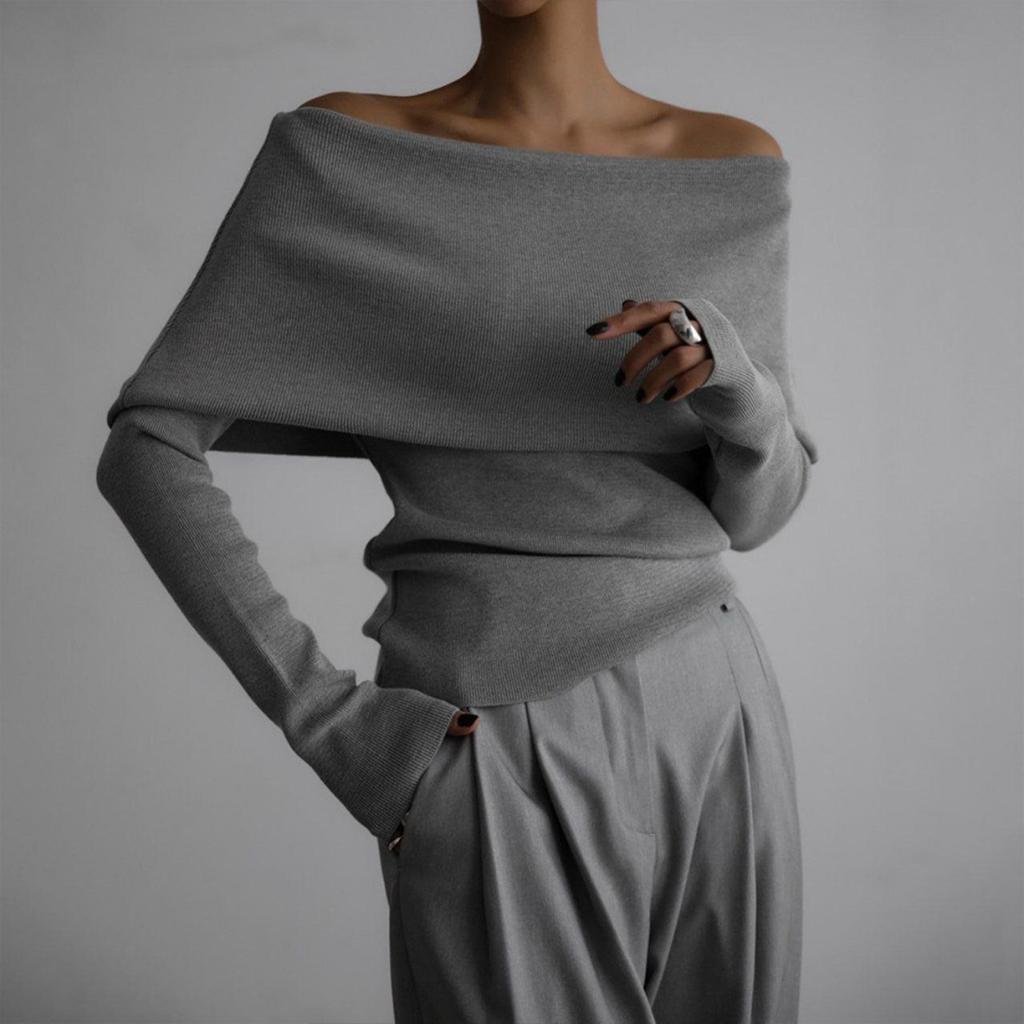 2025 Autumn Winter Women's Sweater Long Sleeve Knitted Crop Top Off Shoulder Sexy Slim Fit Basic Pullover