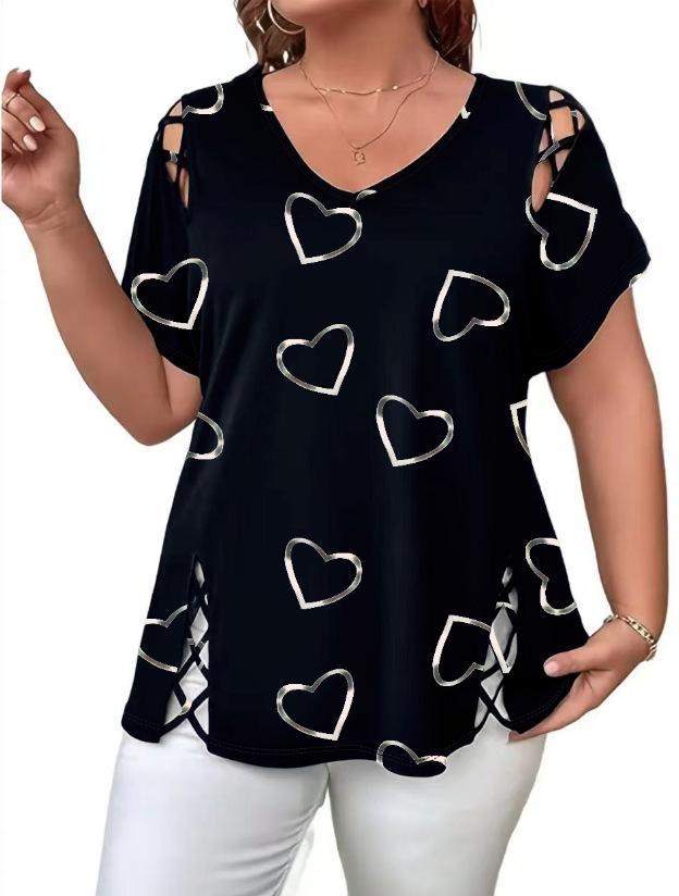 

Plus Size Heart Print Lace-Up Short Sleeve Loose Top with Hollow Out Design - Multi-Color Casual Women s Fashion T-Shirt 0XL чорний