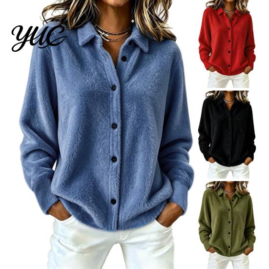 Lapel Shirt Coat Women Plush Cardigan Sweater, Long Sleeve Button Down Knit Jacket, Warm Casual Open Front Outerwear for Autumn Winter