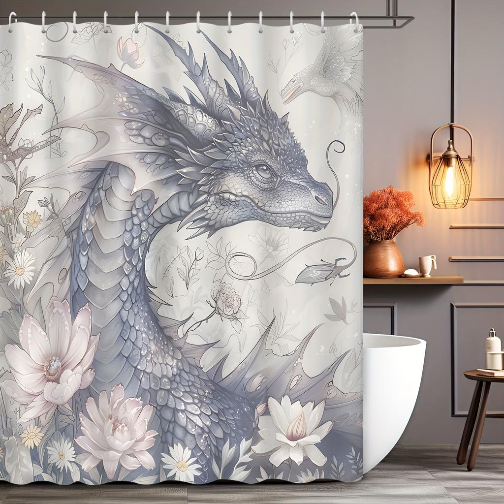 1pc Elegant Asian-Inspired Dragon & Floral Print Polyester Shower Curtain,  Abstract Chinese Style with Grommets & Hooks