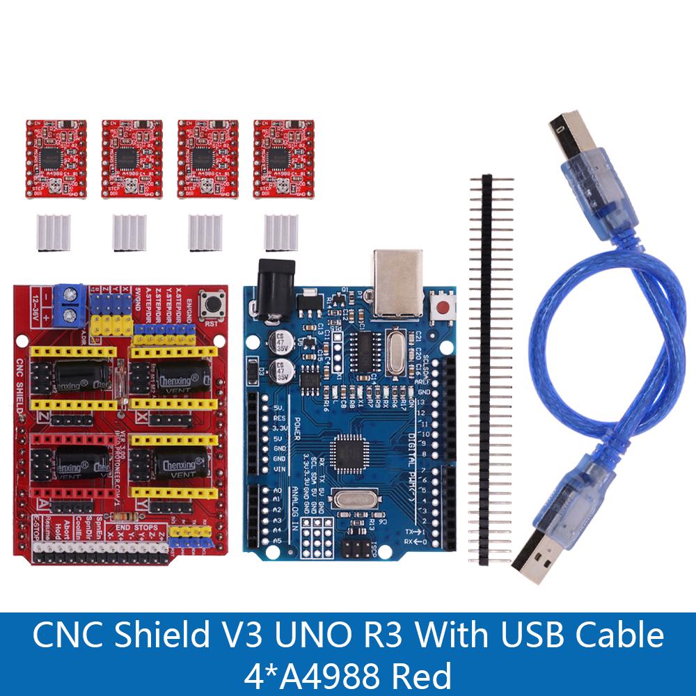 CNC Shield V3 Engraving Machine 3D Printer+ A4988 DRV8825 AT2100 Driver Expansion Board For Arduino + UNO R3 with USB Cable