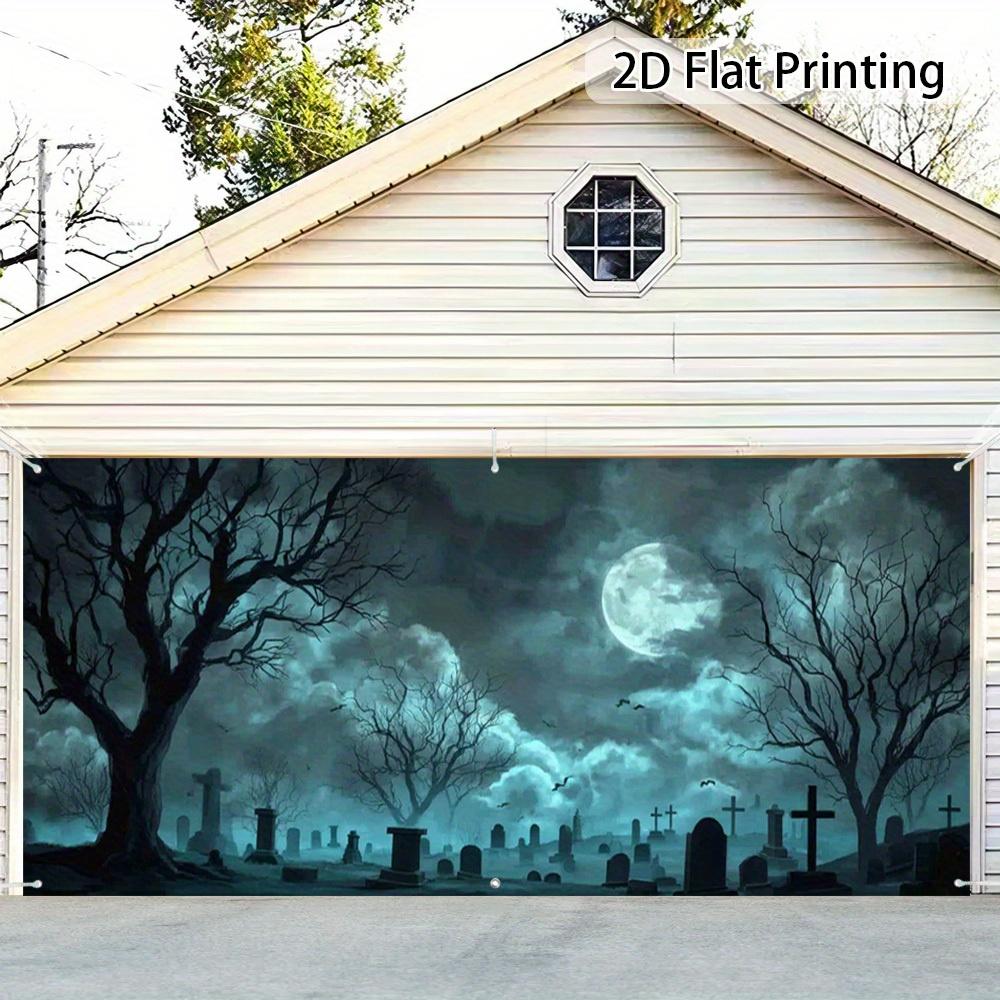 2D curtain banner 1 piece of Halloween moonlit cemetery garage door decoration flag.PMJ