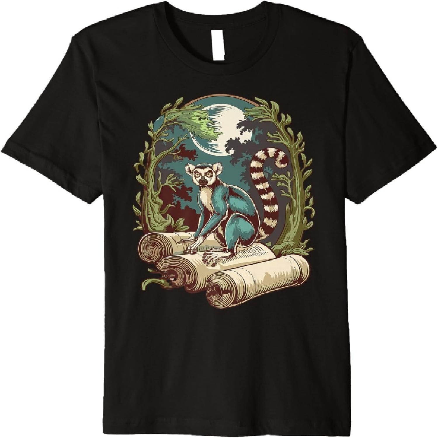 Lemur Perched on Ancient Scrolls Under Moonlight Premium T-Shirt S