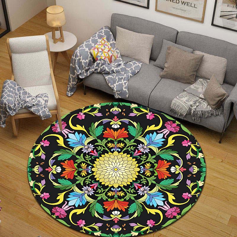 Whimsical Round Botanical Multicolor Area Rug, Non-Slip Floor Mat for Kitchen
