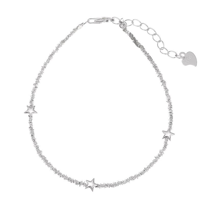 Cui Yan S925 Sterling Silver Korean Five-Pointed Star Bracelet for Women – Trendy Simple Design with Crushed Silver Beads.