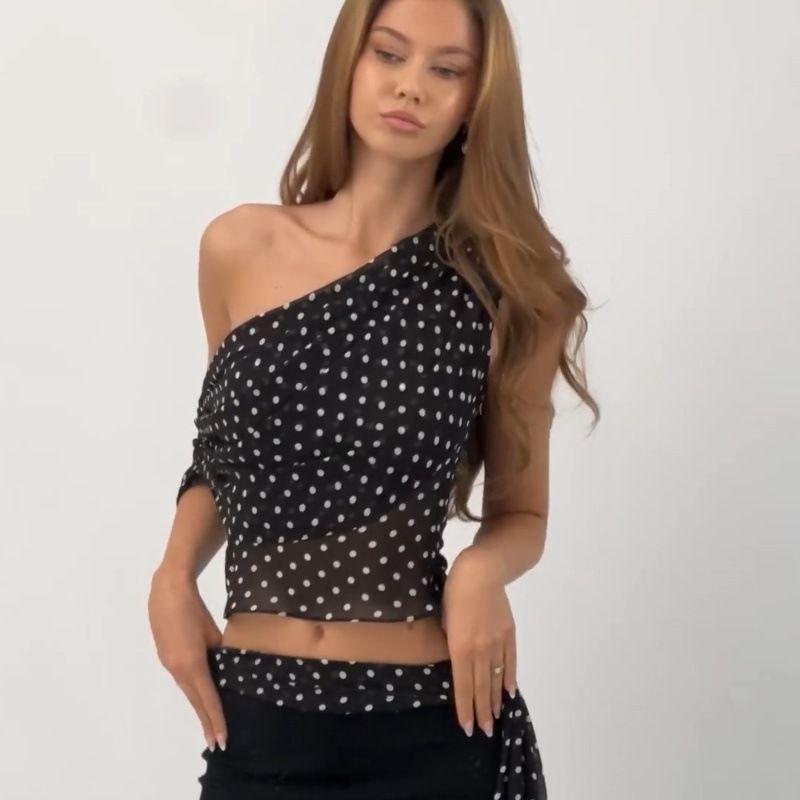 Mesh Vest 2025 Summer New Sexy Oblique Collar Polka Dot Print Irregular Mesh Cami Women Spicy