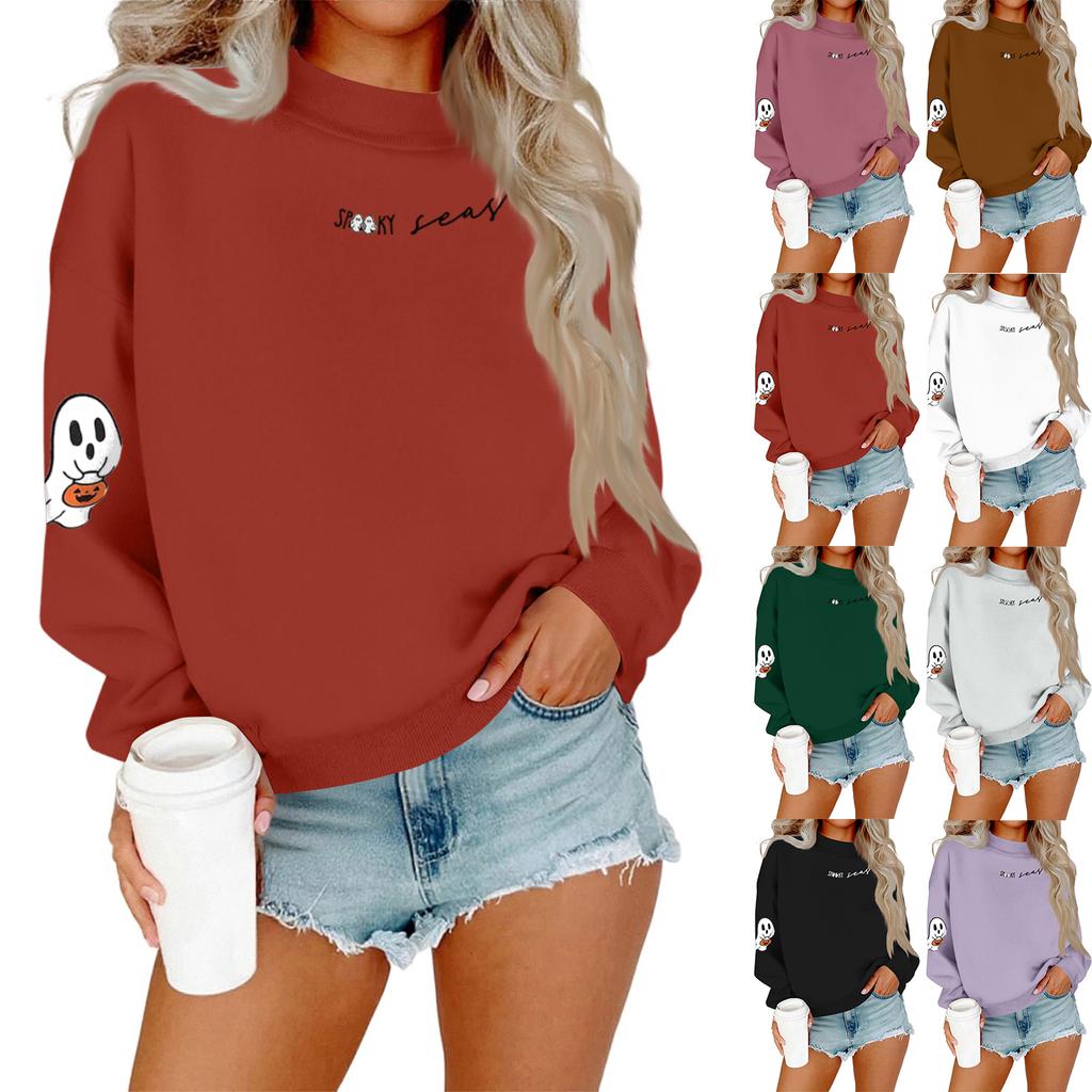 Women's Casual Fashion Round Neck Long Sleeve Halloween Printed Sweatshirt