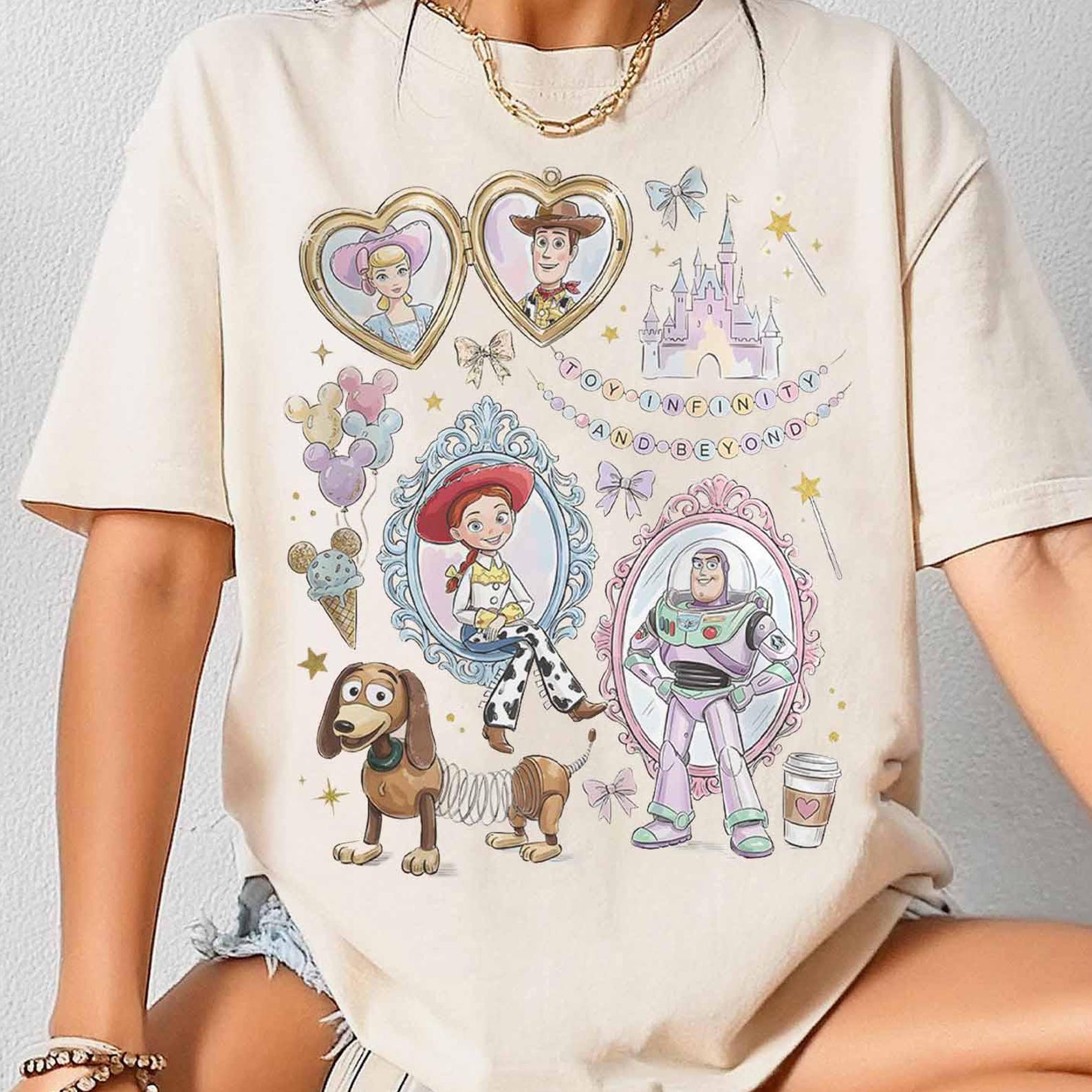 Toy Story Coquette Shirt, Woody Jessie Buzz Lightyear Vintage Frame Tee, Pixar Girly Aesthetic Shirt, Toy Story Infinity And Beyond Tee L
