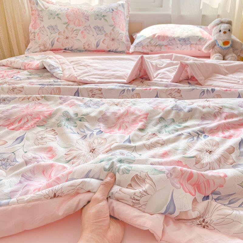 1 stuks Zomer Ditsy Bloemen Koeldeken, Ademend Zacht Lichtbeige-Vriendelijk Koel Dekbed, Dubbelzijdig Bedrukt