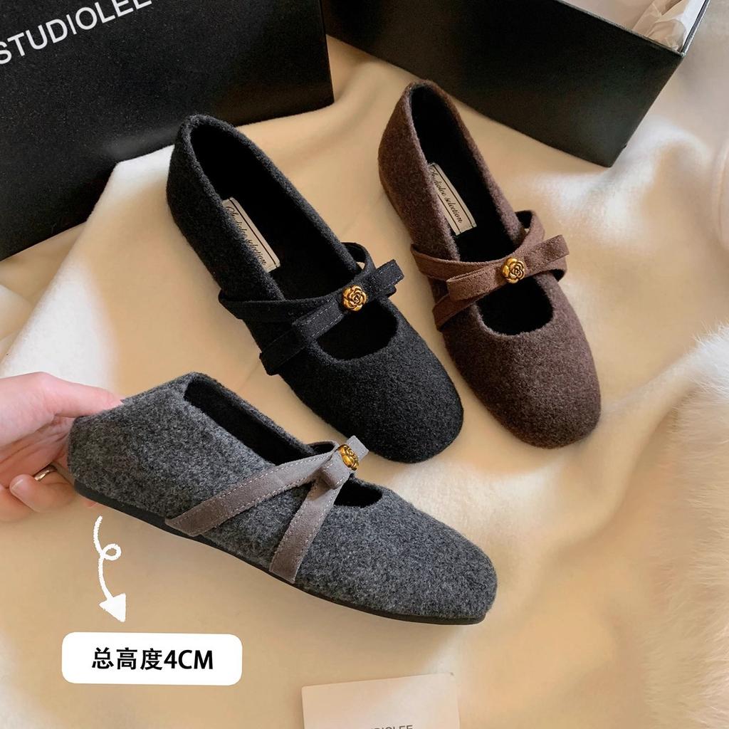 Sheepskin Version~ Heightening Retro Velvet Mary Jane Shoes Women's Autumn and Winter Bow Warm Woolen Light Mouth Single Shoes