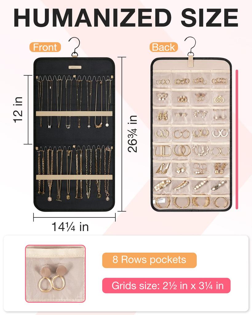 BAGSMART Hanging Jewelry Storage Roll with Metal Jewelry Holder for Medium Black Organizer, Hanger, Hook, Double-Sided Earrings, Necklaces, Rings,