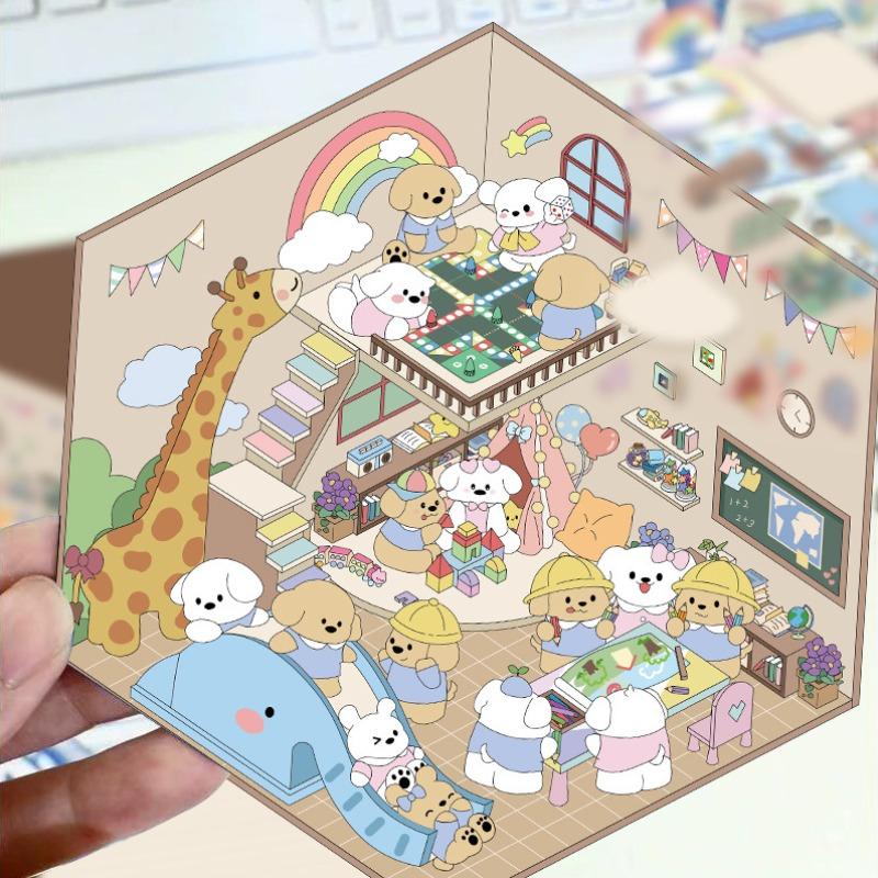 Cartoon Landscape Stickers - Multiple Miniature World Houses, Stress-relieving Scenes, Hand-written Notebook Stickers
