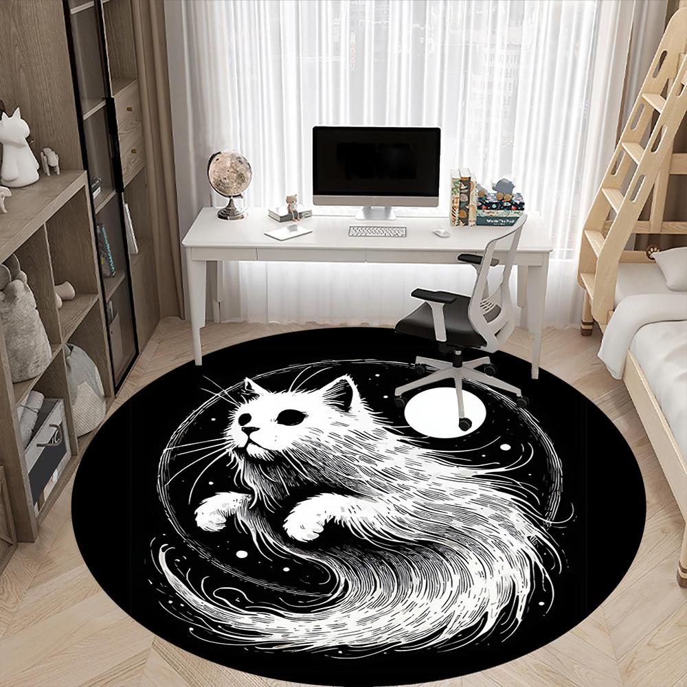 1pc Yin Yang Cat Office Round Area Rug, Under Office Chairs Bedroom Living Room Home Decor, Room Deco, Available In Various Sizes