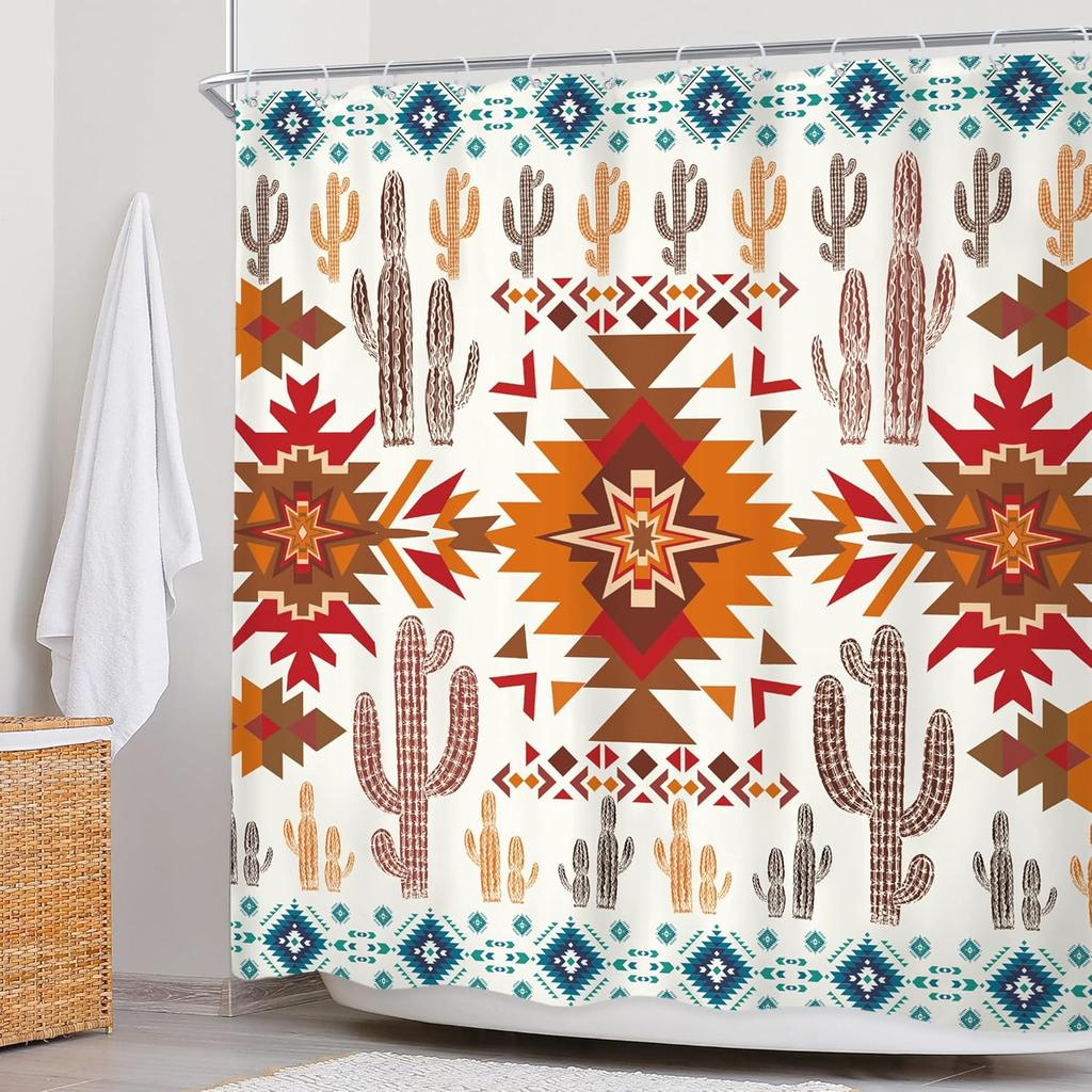 Orange Brown Western Aztec Cactus Shower Curtain Southwestern Boho Tribal Geometric Ethnic Bathroom Native American Waterproof