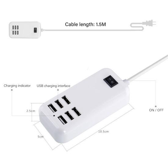 Portable 6 USB Port Hub Phone Charging Station Power Strip with On/Off Switch