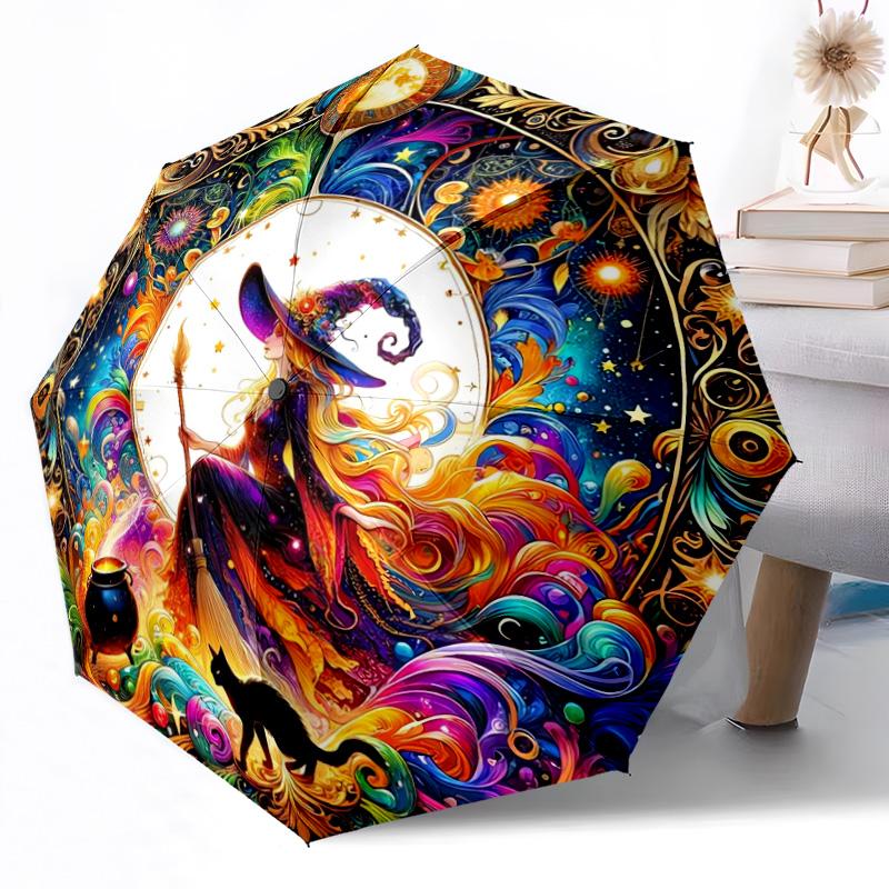 Witchcraft in Stained Glass Outdoor Automatic Umbrella Retractable Design with 8-Rib Durability Lightweight Perfect Gift for Friends Family