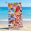 1pc Karol G "Mañana Será Bonito" Album Cover Beach Towel - Vibrant Cartoon Characters, Tropical Palm Trees & Clouds Design