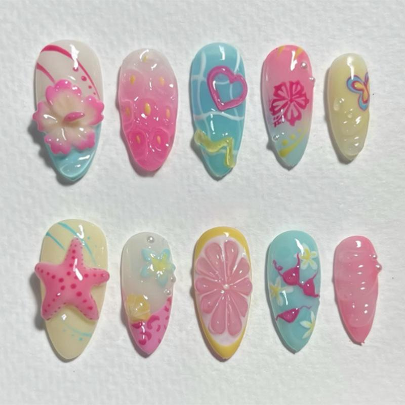 24Pcs Gold Pink Flower Press On Nails Almond Shape Glossy Fake Nails With Pearl Decor Autumn Ballet False Nail Tips