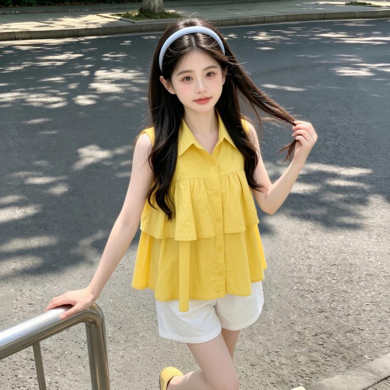 Girls  Korean Ruffle Sleeveless Polo Collar Off-Shoulder Loose Set, Summer 2026 Edition 170 cm