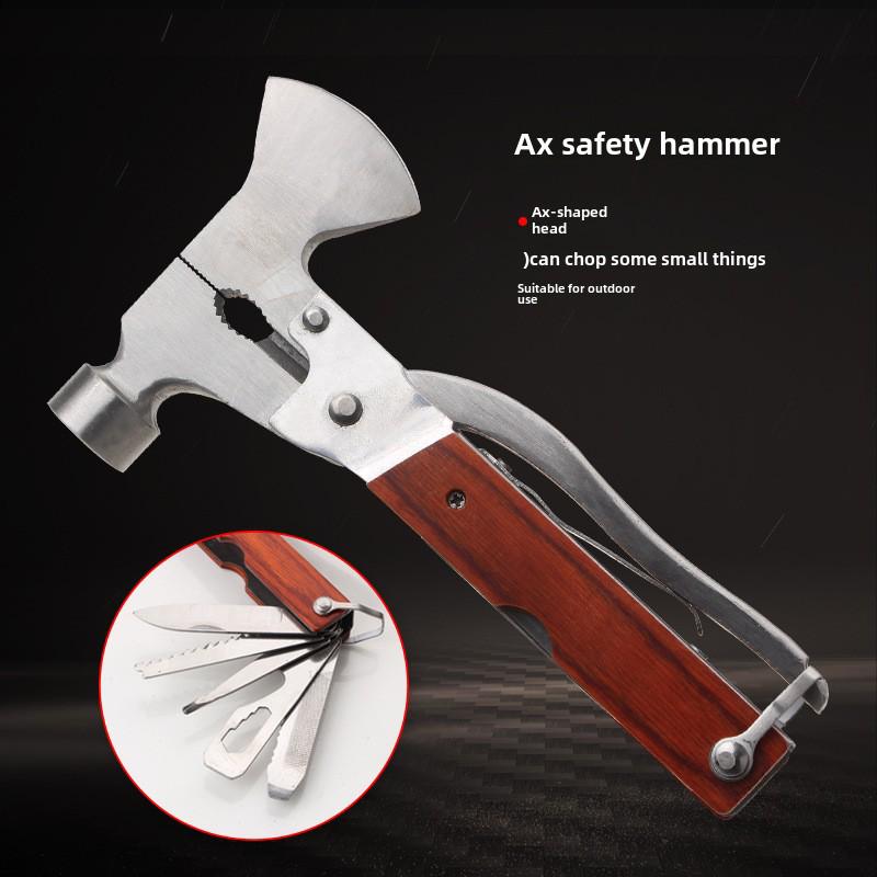 Multifunctional Safety Hammer with Wooden Handle: Car Window Breaker, Stainless Steel Axe, and Claw Hammer