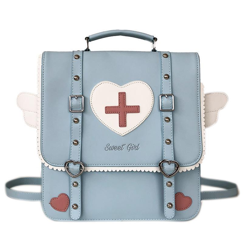 

Lolita Wing Heart Cross Backpack Ladies JK Ita Bags Transparen DIY Display Shoulder Bag Students Outdoor Bookbag Travel Knapsack 31x29x10 синий