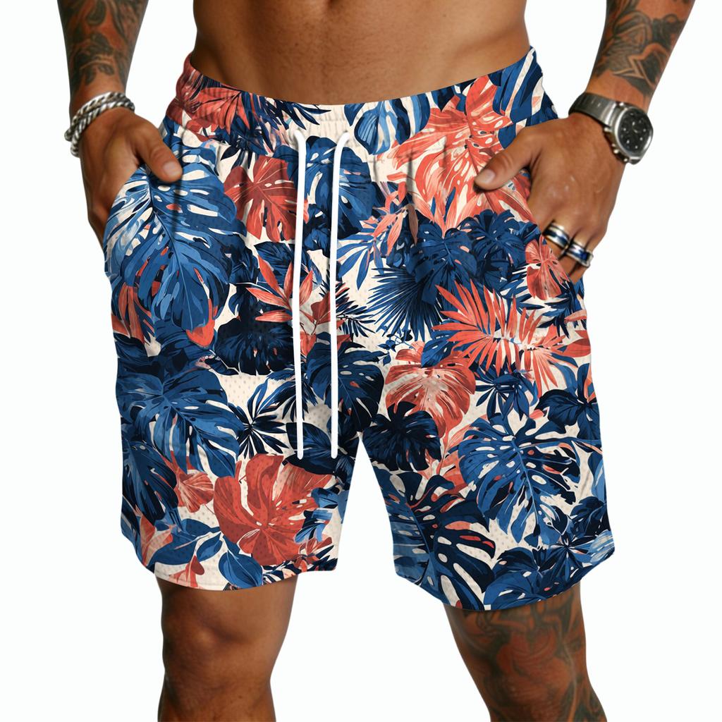 Mens Board Shorts with Drawstring Waist and Tropical Tree Print Quick Dry Swim Trunks for Beach Surf Sports