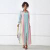 New European and American lazy style color vertical striped lapel neck long sleeve split fork medium and long shirt dress