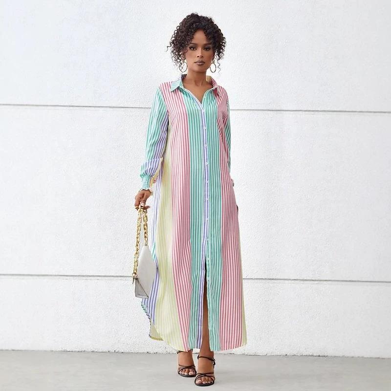 New European and American lazy style color vertical striped lapel neck long sleeve split fork medium and long shirt dress
