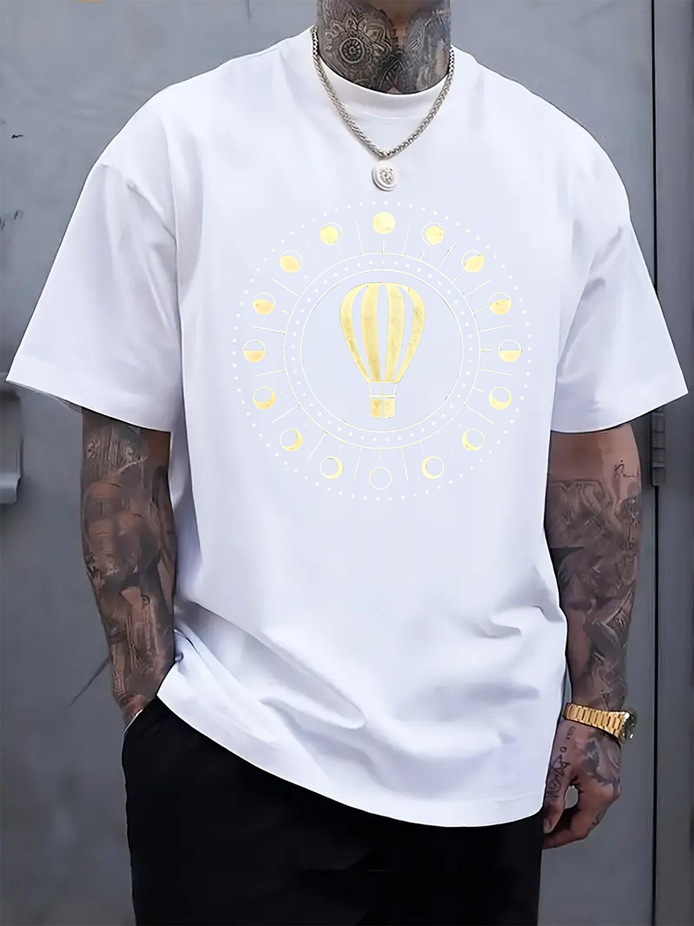 Casual White T-shirt with Hot Air Balloon & Moon Phase Print - Short Sleeve L