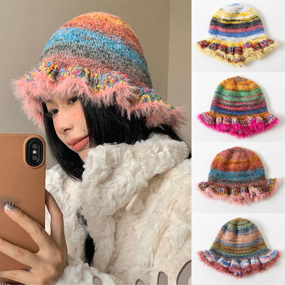 

Вязаная шапка в радужную полоску, зимняя теплая шапка-бини, винтажная рыбацкая шапка, осенняя шапка