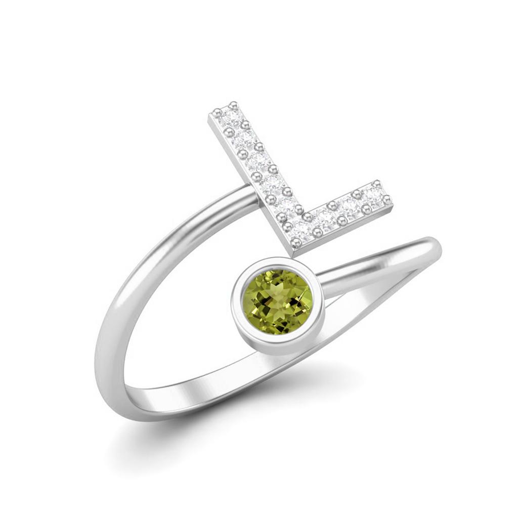 Capital L Initial Letter 3MM Round Peridot 925 Sterling Silver Women Adjustable Wedding Ring