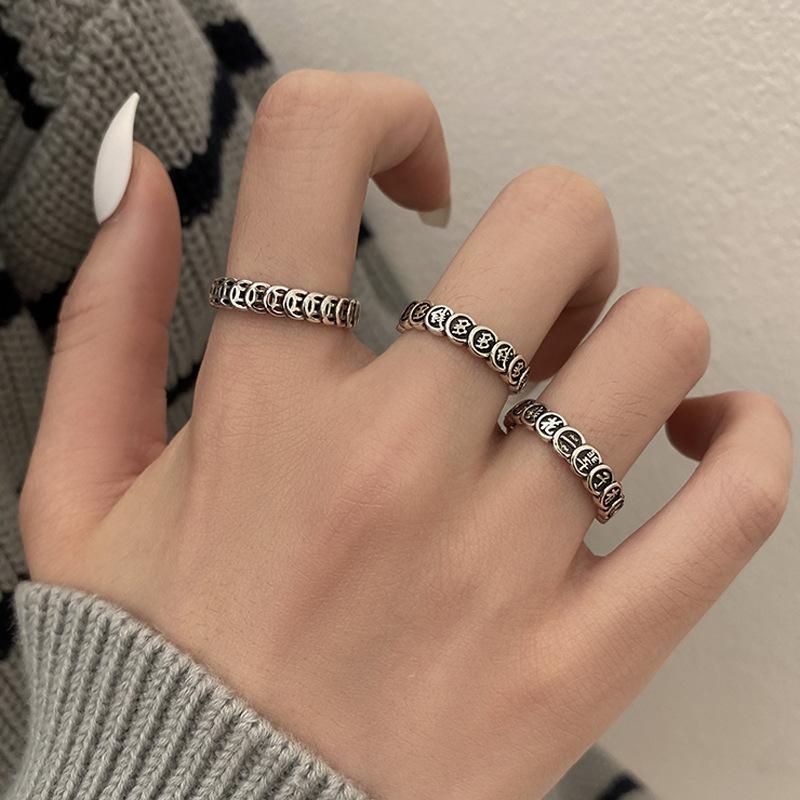 Women's Retro Silver Chinese Hanzi Openable Copper Coin Ring